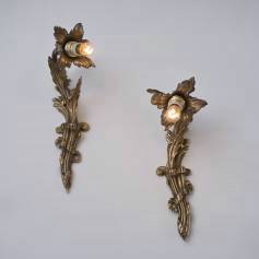 Antique pair Art Nouveau sconces, lily flower, gilt bronze, 1890`s, French
